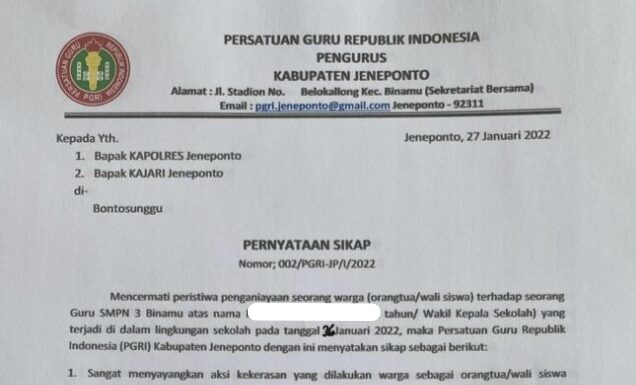 Oknum Guru SMPN 3 Binamu Dianiaya, PGRI Jeneponto Minta Penegak Hukum Usut Tuntas Oknum