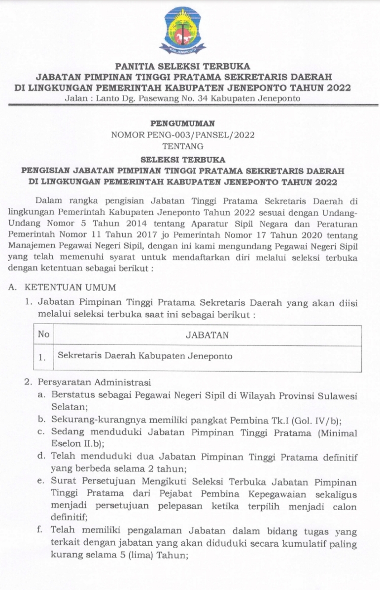 Pansel Sekda Jeneponto Buka Pendaftaran, ini Syarat dan Ketentuannya