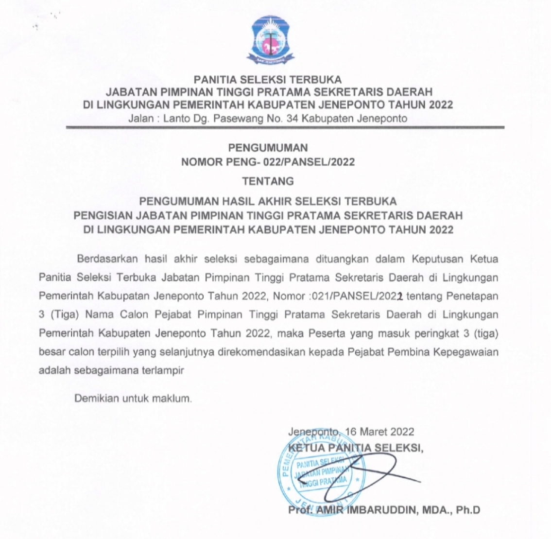 Panitia Seleksi Umumkan 3 Calon Sekda Jeneponto, Intip Pengumumannya